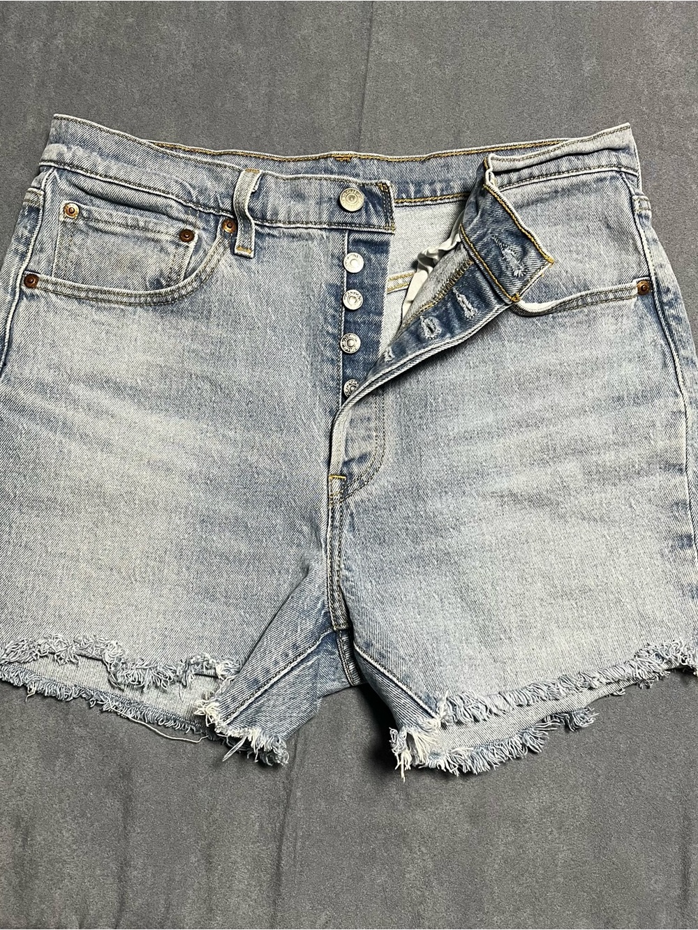 Levis 501 Jean Shorts Womens 31 Blue Denim Distressed Button Fly Big E Cut Off